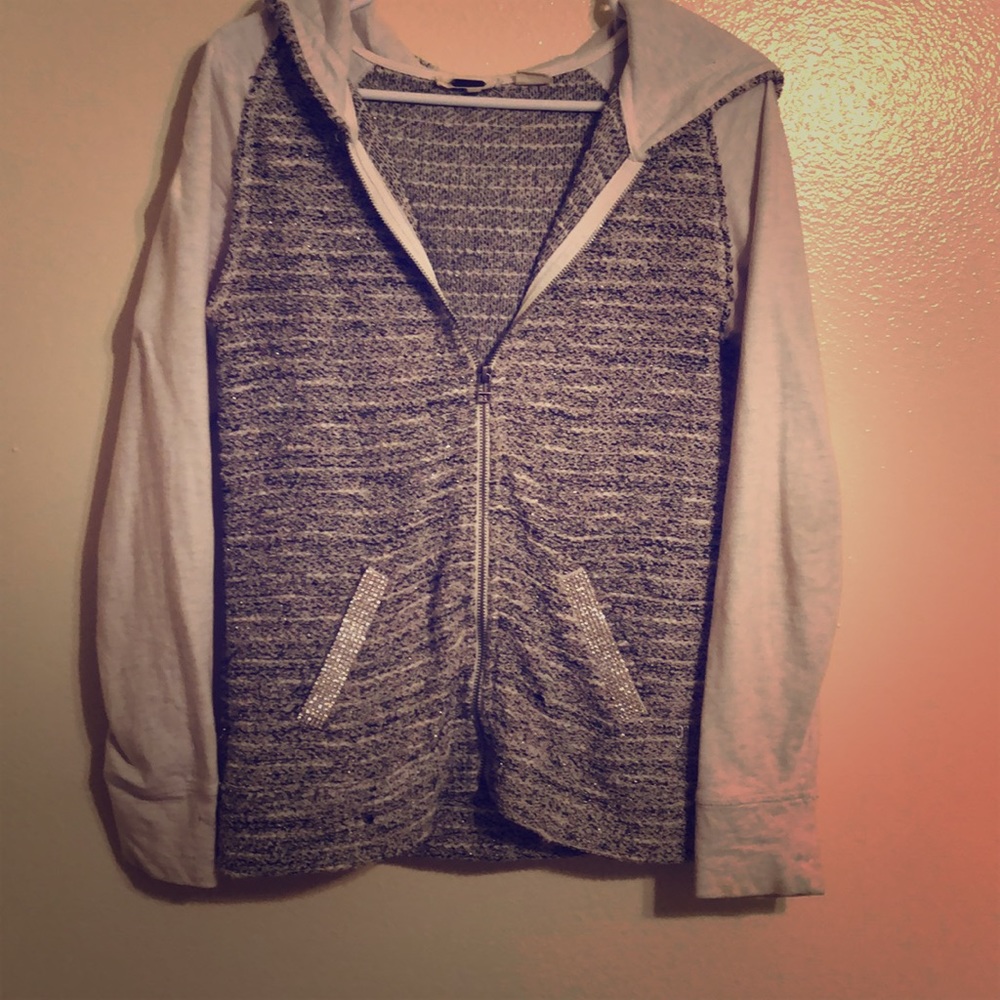 “Miss Me” zip hoodie with rhinestone detailing
